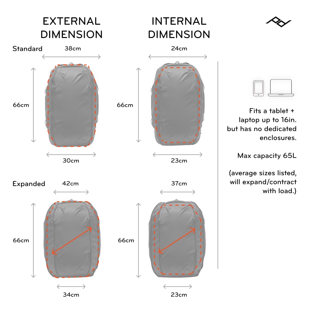 Peak Design Travel Duffelpack 45-65L, Eclipse, Weatherproof Duffel Backpack, Expandable, Extra-Long Zip, Stowable Straps, Fits Packing & Camera Cubes, Versatile Bag for Travel & Adventure - Image 6